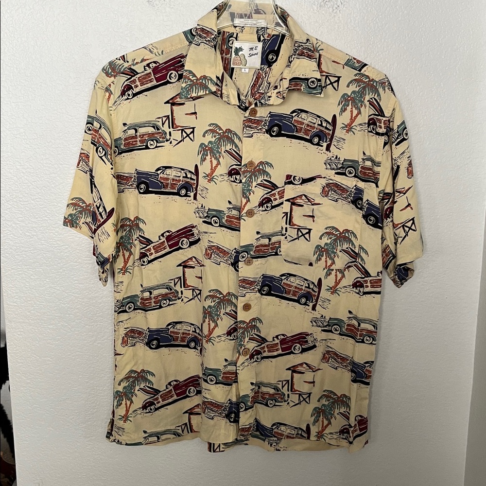 M.E. SPORT HAWAIIAN BUTTON DOWN SURFING & CLASSIC CARS SZ L GREAT CONDITION